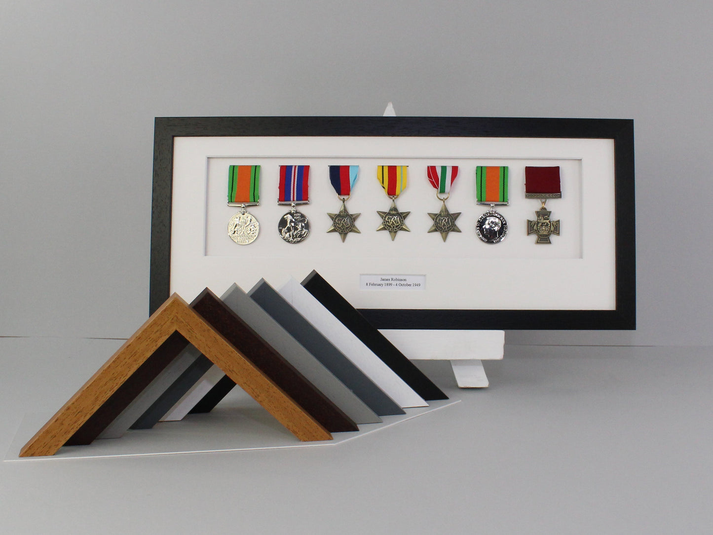 Personalised Military and Service Medal display Frame for Seven Medals. 20x50cm. Service Medals | War Medals | WW1 | WW2 | Wall Hanging - PhotoFramesandMore - Wooden Picture Frames