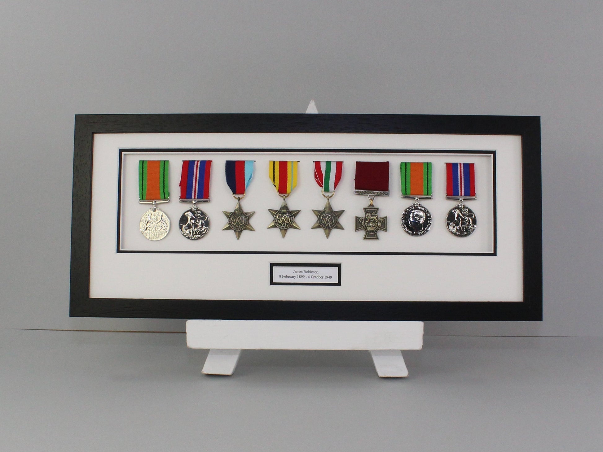 Personalised Military and Service Medal display Frame for Eight Medals. 20x50cm. Service Medals | War Medals | WW1 | WW2 | Wall Hanging - PhotoFramesandMore - Wooden Picture Frames