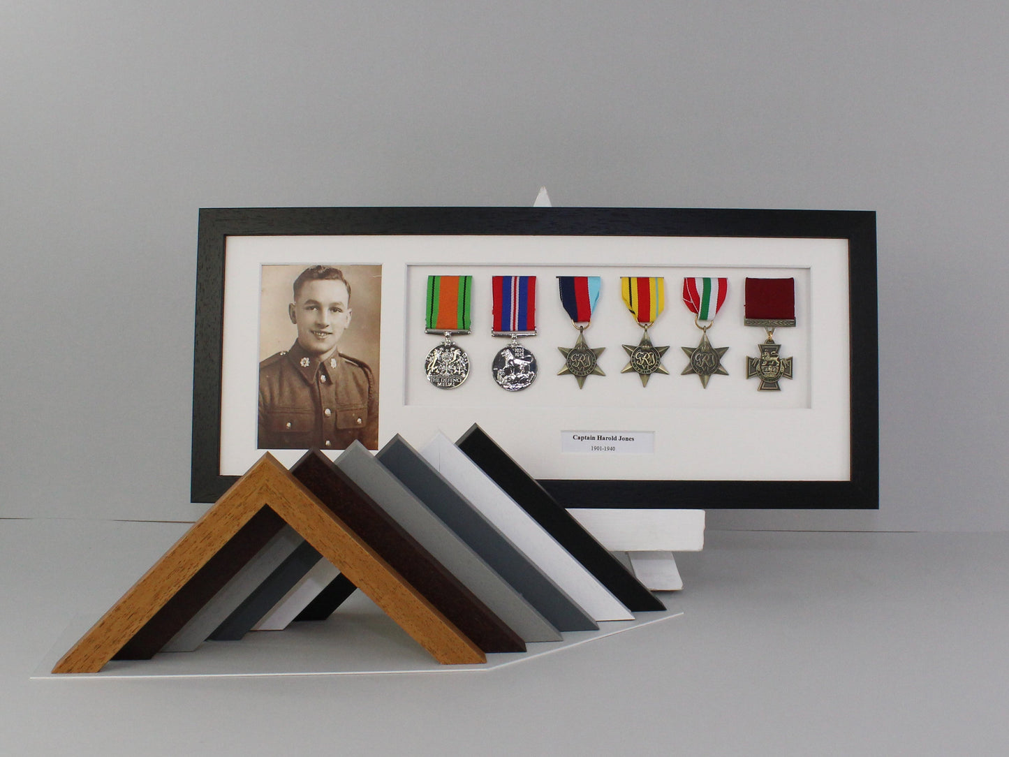 Personalised Military and Service Medal display Frame for Six Medals and one 6x4" Photograph. 20x50cm.War Medals. - PhotoFramesandMore - Wooden Picture Frames