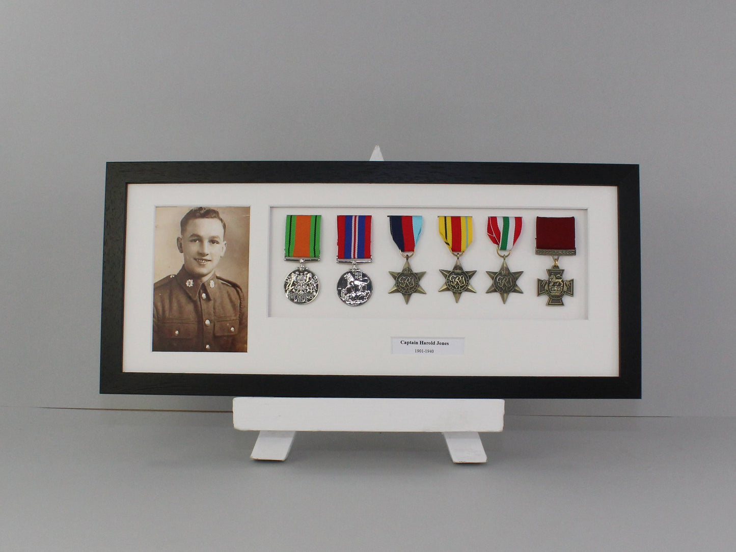 Personalised Military and Service Medal display Frame for Six Medals and one 6x4" Photograph. 20x50cm.War Medals. - PhotoFramesandMore - Wooden Picture Frames