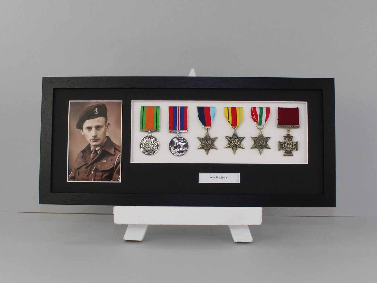 Personalised Military and Service Medal display Frame for Six Medals and a 6x4" Photograph. 20x50cm.