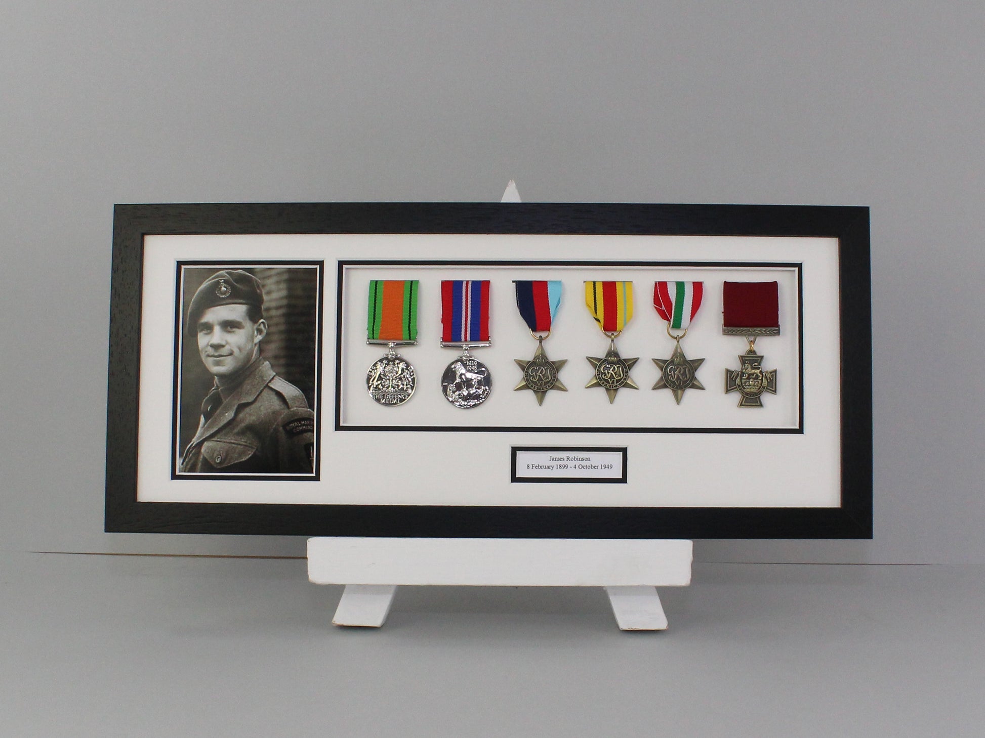 Personalised Military and Service Medal display Frame for Six Medals and one 6x4" Photograph. 20x50cm.War Medals. - PhotoFramesandMore - Wooden Picture Frames