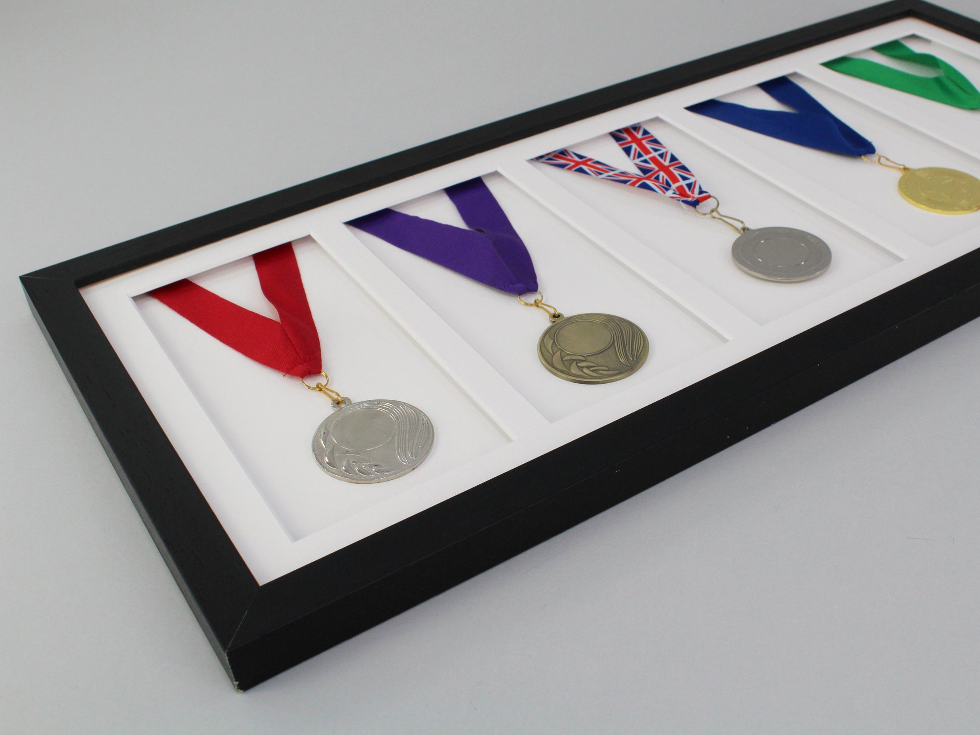 Medal Display frame for Five Medals. 25x60cm. - PhotoFramesandMore - Wooden Picture Frames