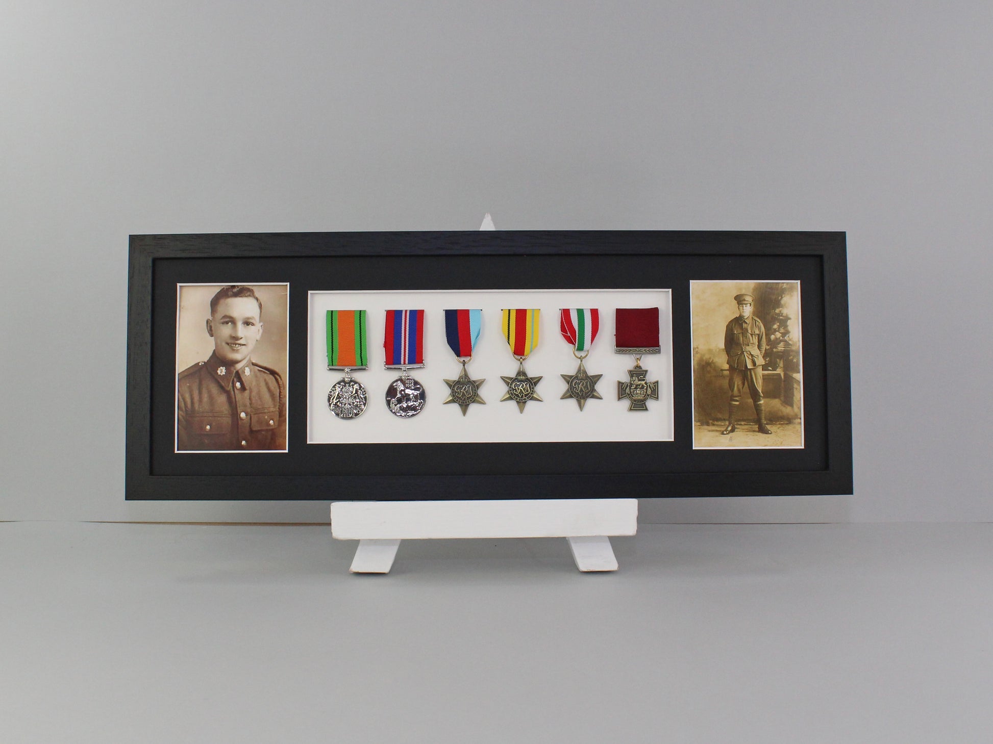 Military and Service Medal display Frame for Six Medals and two 6x4" Photographs. 20x60cm. | Service Medal | War Medal | WW1 | WW2 | D-Day - PhotoFramesandMore - Wooden Picture Frames