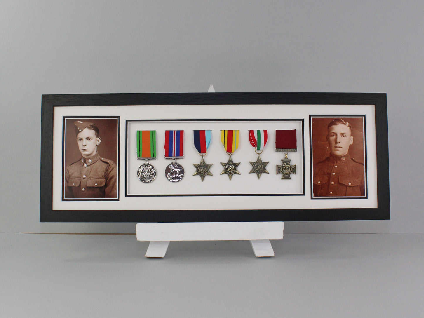 Military and Service Medal display Frame for Six Medals and two 6x4" Photographs. 20x60cm. | Service Medal | War Medal | WW1 | WW2 | D-Day - PhotoFramesandMore - Wooden Picture Frames