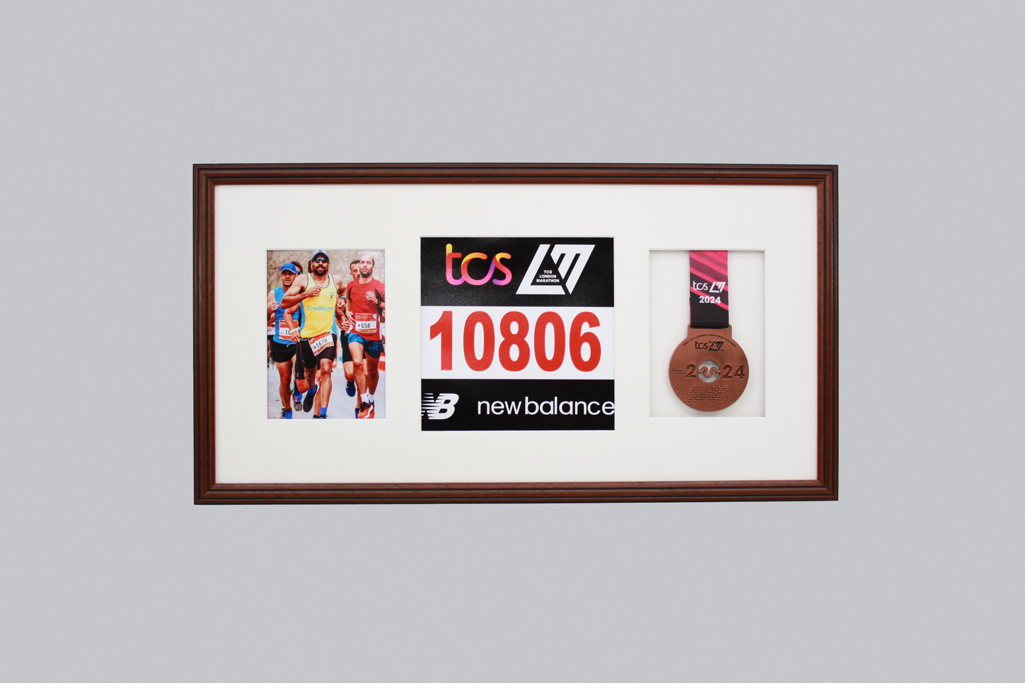 Sports Medal Display Frame for Medal, Race Bib and Photo. Traditional Style Frame. Perfect to showcase Marathon Medals.