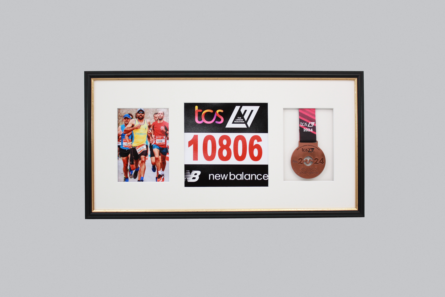 Sports Medal Display Frame for Medal, Race Bib and Photo. Traditional Style Frame. Perfect to showcase Marathon Medals.