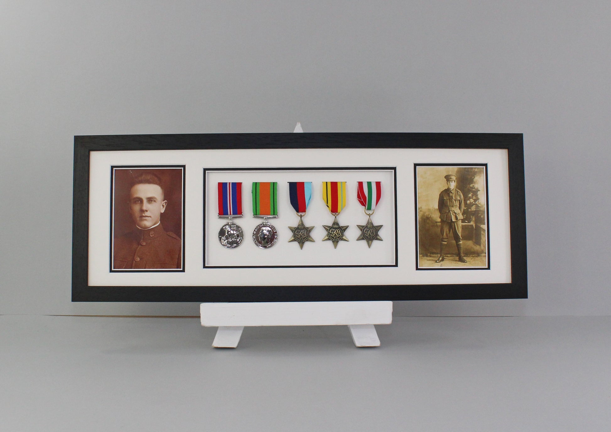 Military and Service Medal display Frame for Five Medals and one 6x4" Photograph. 20x50cm. Service Medals | War Medals | WW1 | WW2 | - PhotoFramesandMore - Wooden Picture Frames