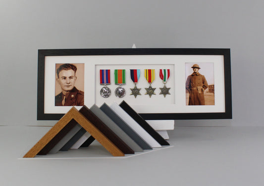 Military and Service Medal display Frame for Five Medals and one 6x4" Photograph. 20x50cm. Service Medals | War Medals | WW1 | WW2 | - PhotoFramesandMore - Wooden Picture Frames