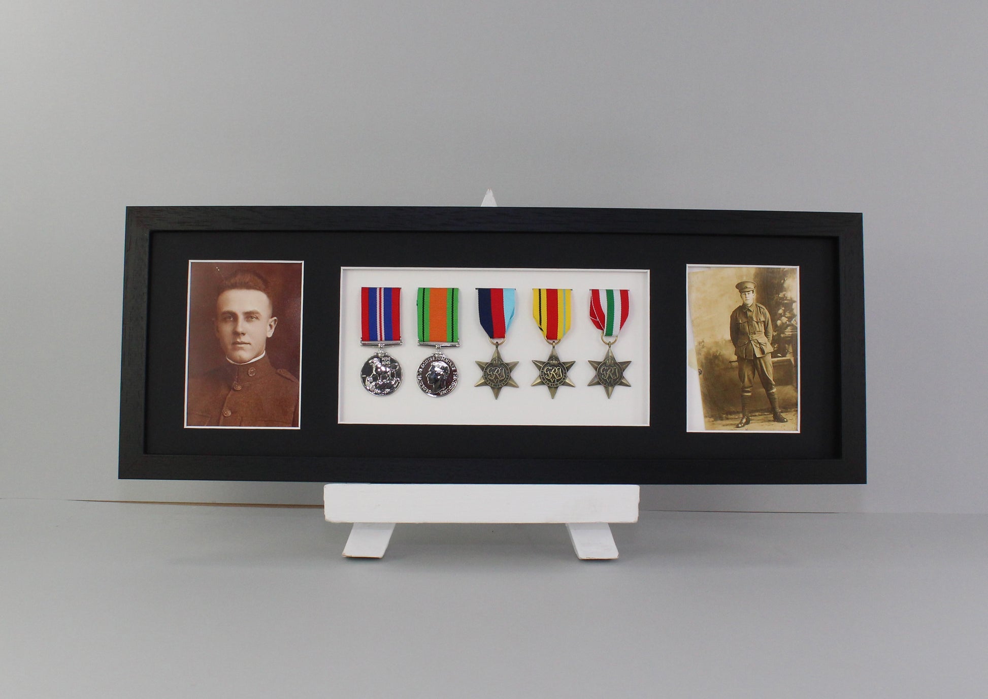 Military and Service Medal display Frame for Five Medals and one 6x4" Photograph. 20x50cm. Service Medals | War Medals | WW1 | WW2 | - PhotoFramesandMore - Wooden Picture Frames