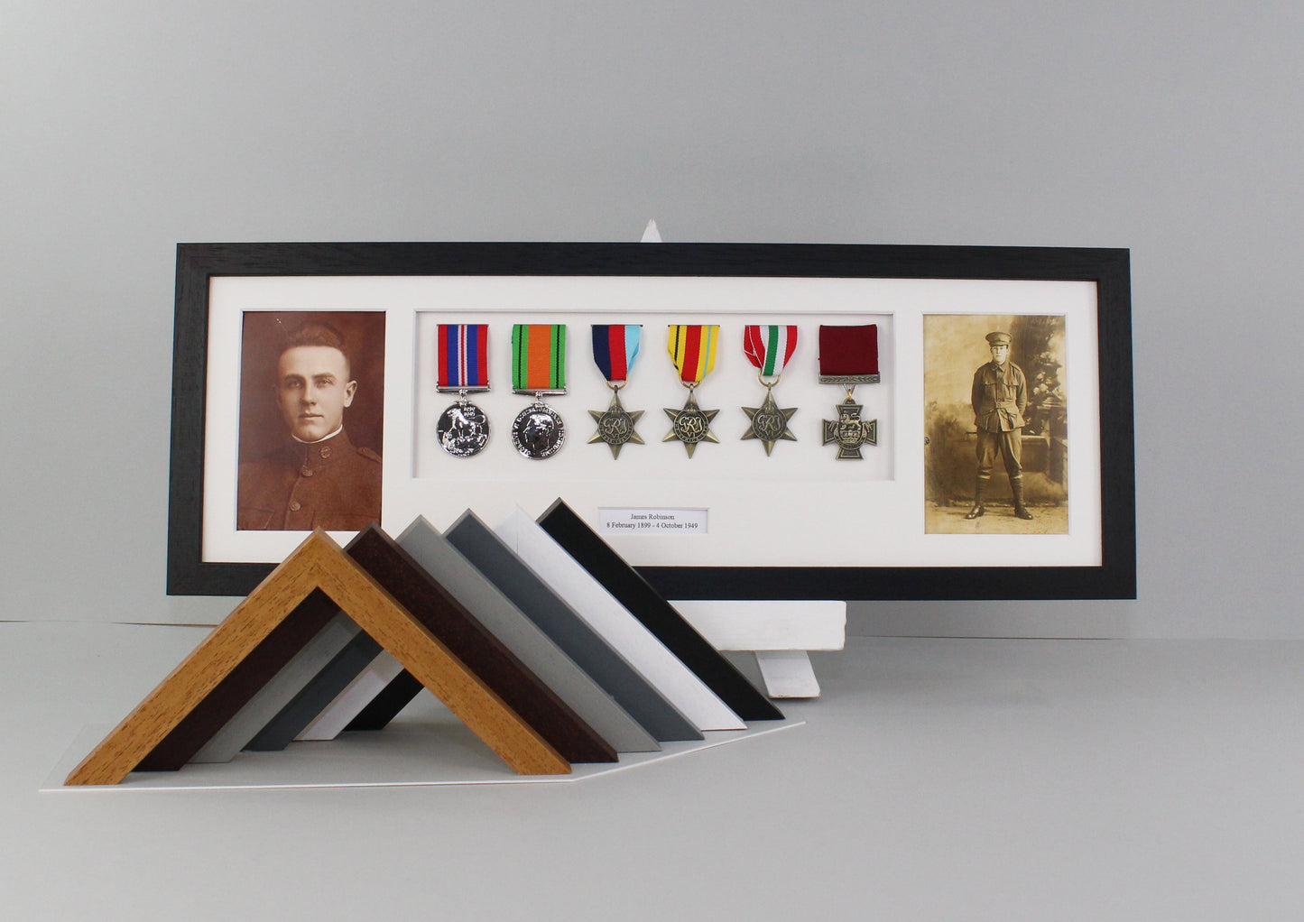 Personalised Military Medal display Frame for Six Medals and two 6x4" Photographs. 20x60cm.  War Medals. - PhotoFramesandMore - Wooden Picture Frames