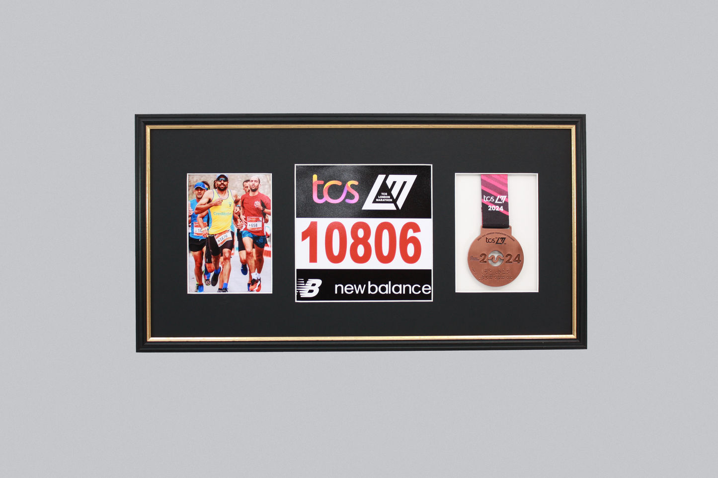 Sports Medal Display Frame for Medal, Race Bib and Photo. Traditional Style Frame. Perfect to showcase Marathon Medals.