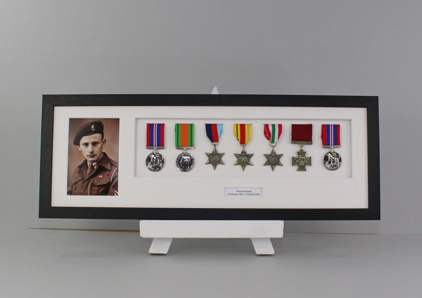 Personalised Military Medal display Frame for Seven Medals and a 6x4" Photograph. 20x60cm.  War Medals. - PhotoFramesandMore - Wooden Picture Frames