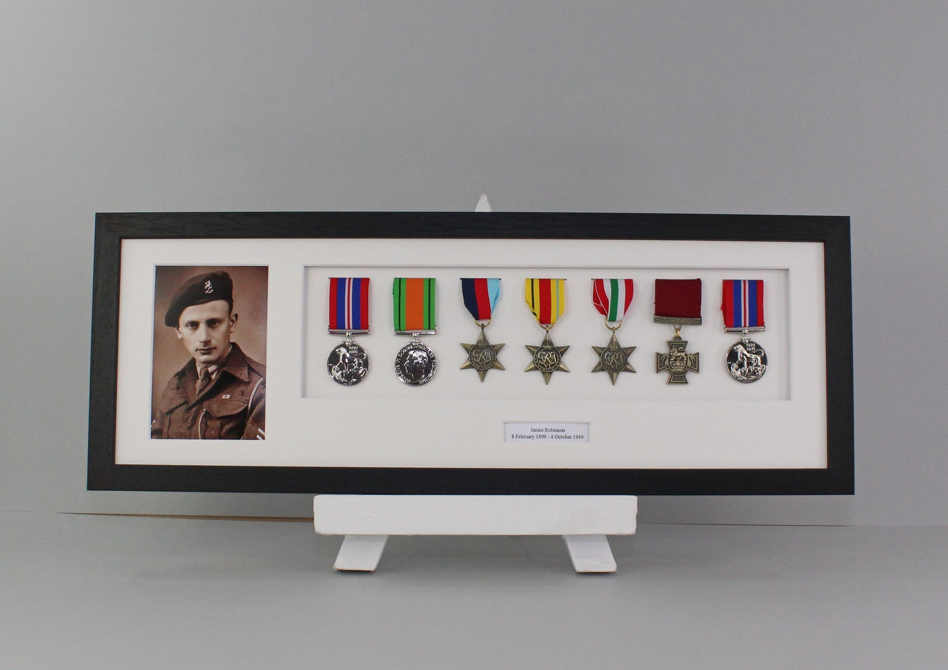 Personalised Military Medal display Frame for Seven Medals and a 6x4" Photograph. 20x60cm.  War Medals. - PhotoFramesandMore - Wooden Picture Frames