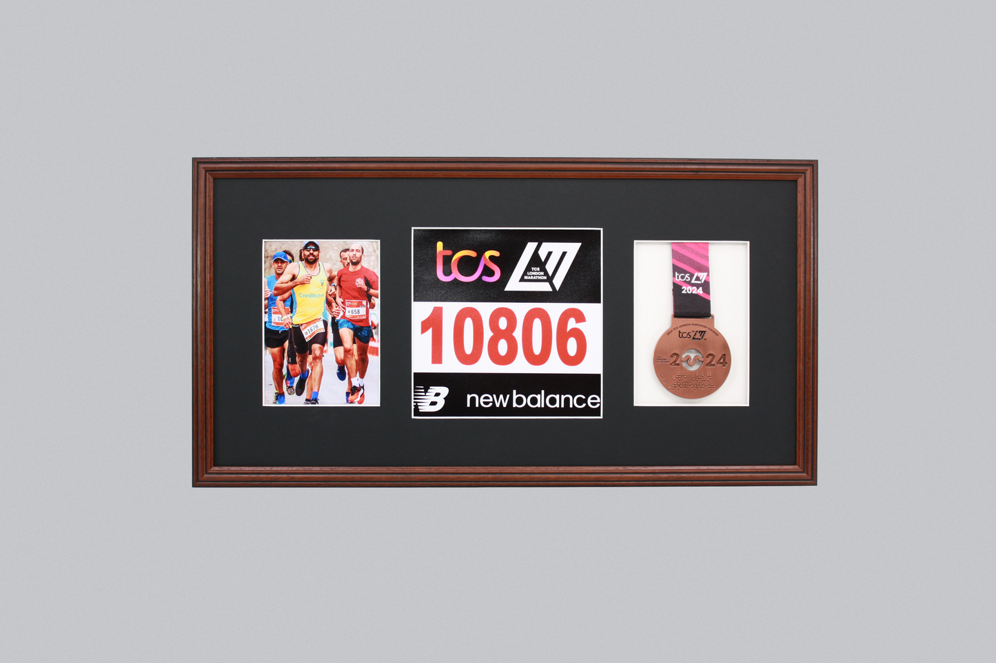 Sports Medal Display Frame for Medal, Race Bib and Photo. Traditional Style Frame. Perfect to showcase Marathon Medals.