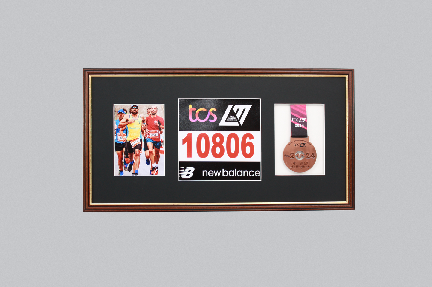 Sports Medal Display Frame for Medal, Race Bib and Photo. Traditional Style Frame. Perfect to showcase Marathon Medals.