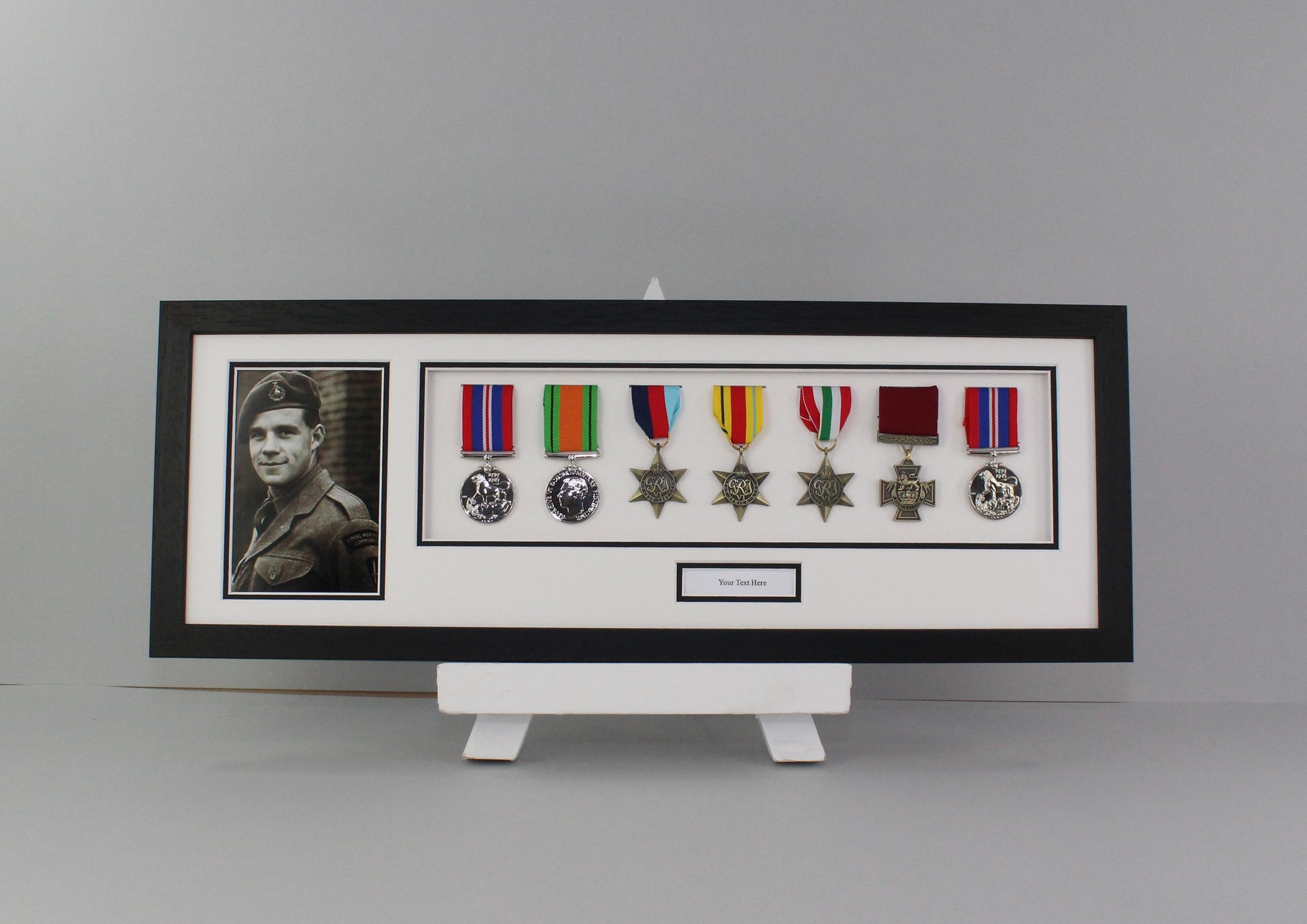 Personalised Military Medal display Frame for Seven Medals and a 6x4" Photograph. 20x60cm.  War Medals. - PhotoFramesandMore - Wooden Picture Frames