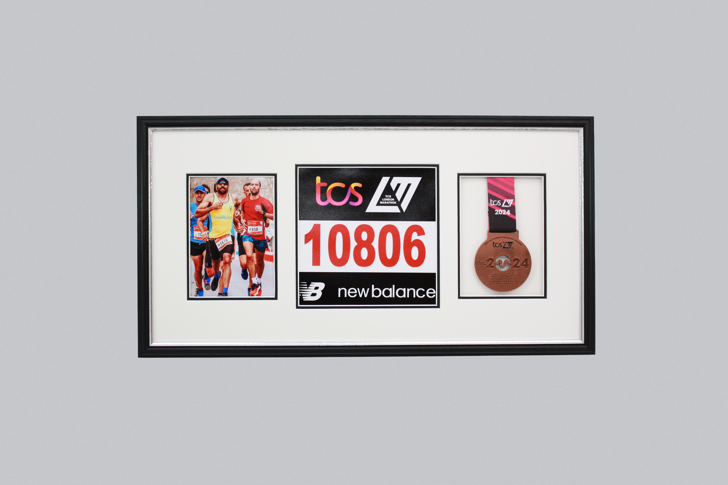 Sports Medal Display Frame for Medal, Race Bib and Photo. Traditional Style Frame. Perfect to showcase Marathon Medals.