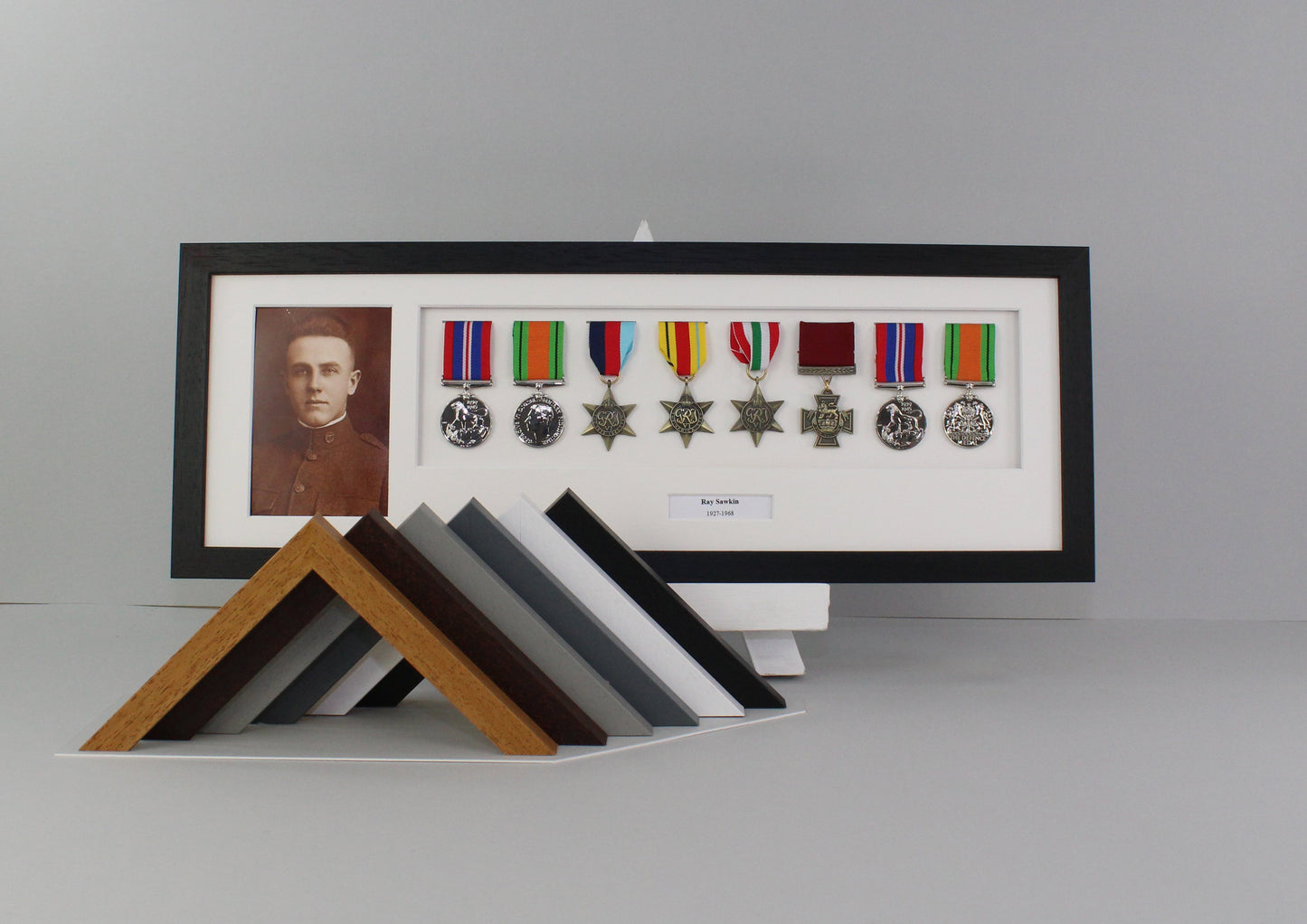 Personalised Military Medal display Frame for Eight Medals and a 6x4" Photograph. 20x60cm. - PhotoFramesandMore - Wooden Picture Frames