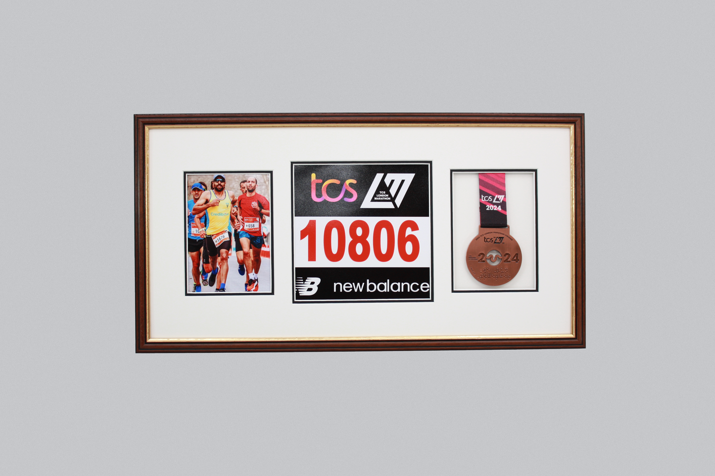 Sports Medal Display Frame for Medal, Race Bib and Photo. Traditional Style Frame. Perfect to showcase Marathon Medals.