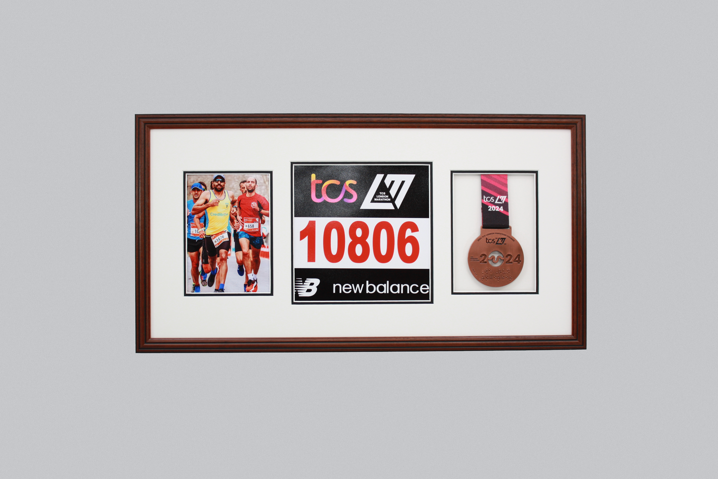 Sports Medal Display Frame for Medal, Race Bib and Photo. Traditional Style Frame. Perfect to showcase Marathon Medals.