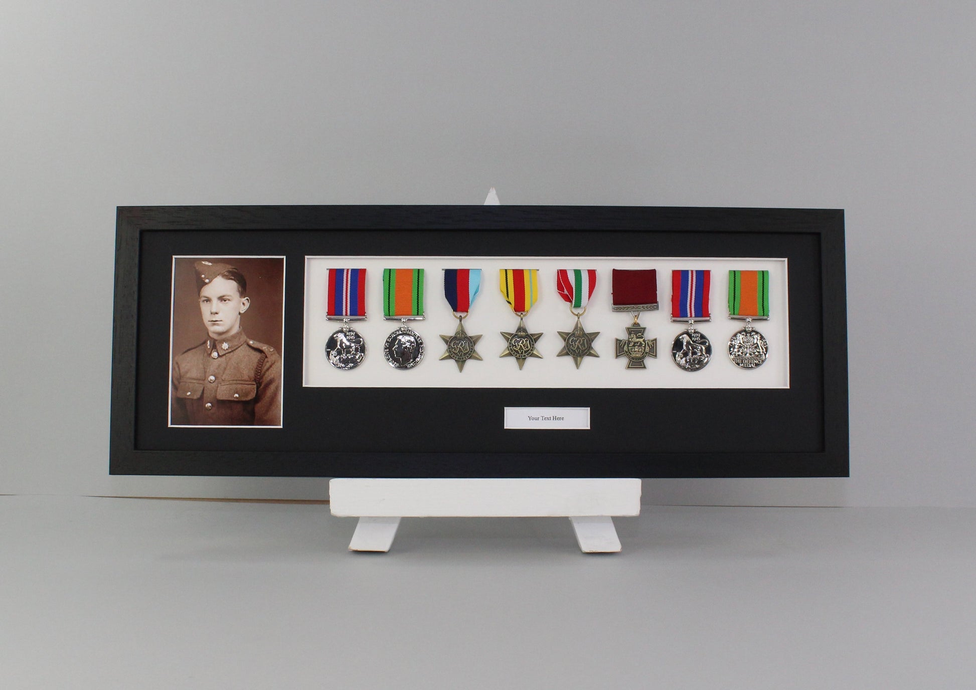 Personalised Military Medal display Frame for Eight Medals and a 6x4" Photograph. 20x60cm. - PhotoFramesandMore - Wooden Picture Frames