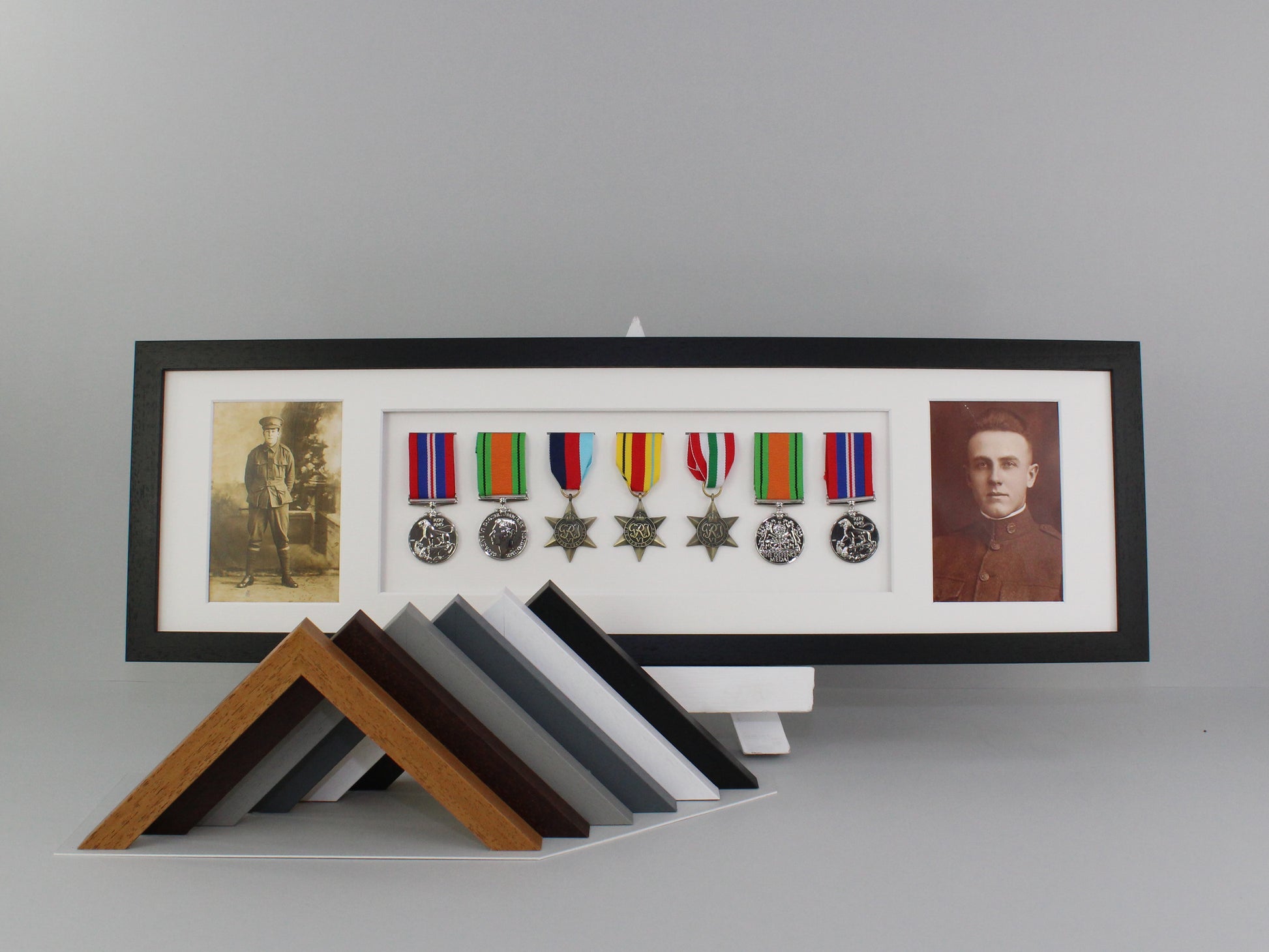 Military and Service Medal display Frame for Seven Medals and two 6x4" Photographs. 20x70cm. - PhotoFramesandMore - Wooden Picture Frames