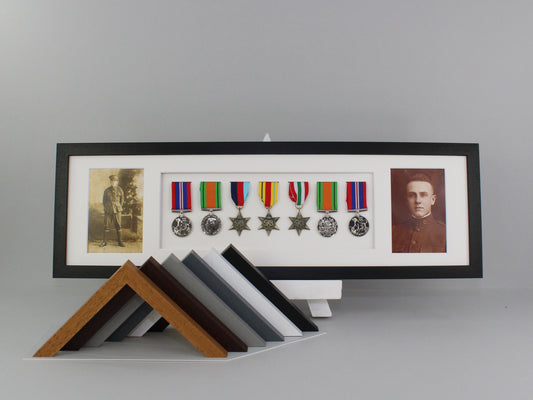 Military and Service Medal display Frame for Seven Medals and two 6x4" Photographs. 20x70cm.
