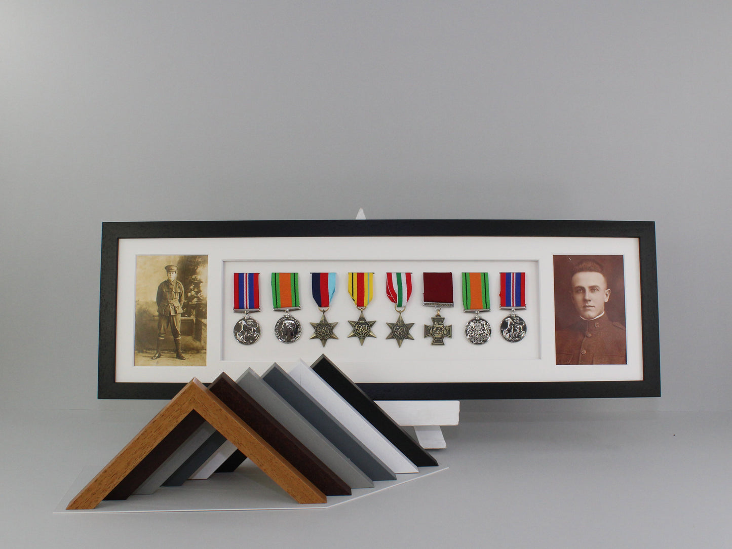 Military and Service Medal display Frame for Eight Medals and two 6x4" Photographs. 20x70cm. Handmade by Art@Home. War Medals. - PhotoFramesandMore - Wooden Picture Frames