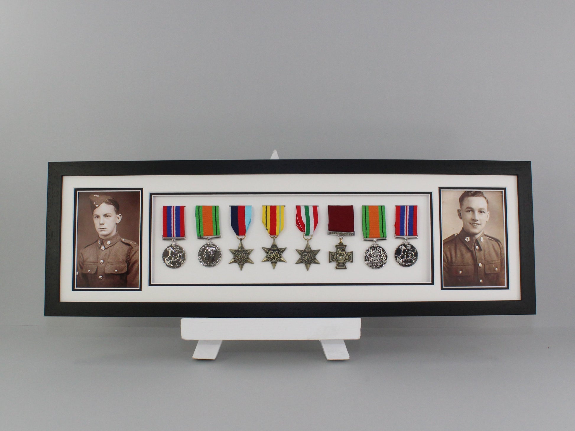 Military and Service Medal display Frame for Eight Medals and two 6x4" Photographs. 20x70cm. Handmade by Art@Home. War Medals. - PhotoFramesandMore - Wooden Picture Frames