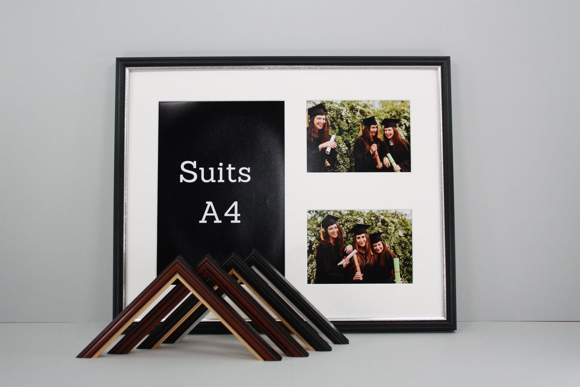 Traditional Style Graduation Frame with Photos. Suits an A4 Certificate and two 5x7" Photos. - PhotoFramesandMore - Wooden Picture Frames