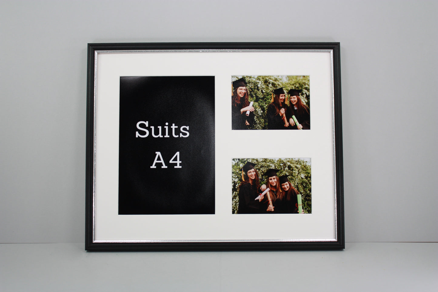 Traditional Style Graduation Frame with Photos. Suits an A4 Certificate and two 5x7" Photos. - PhotoFramesandMore - Wooden Picture Frames