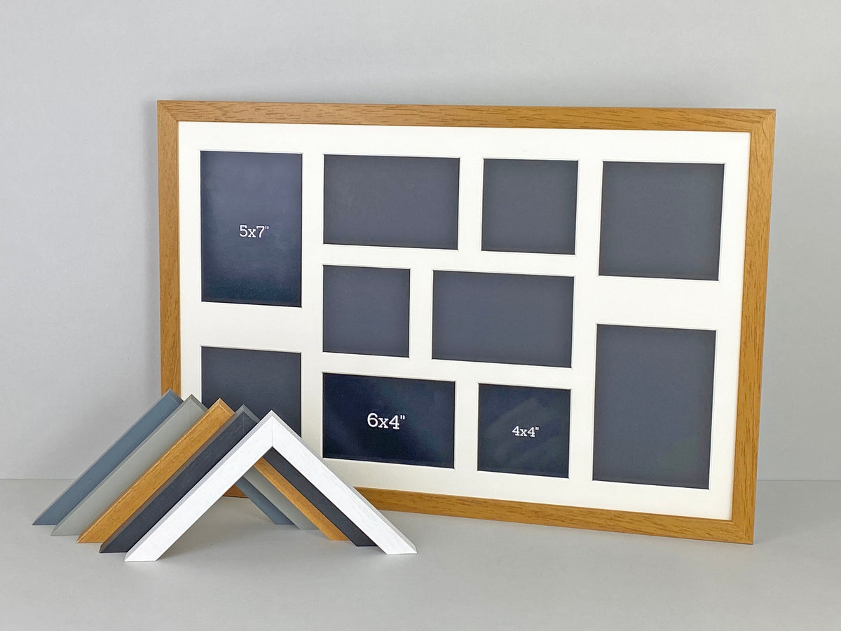 Suits 10 Images, 4x4", 6x4", 5x5", 5x7".Mixed apertures. 40x60cm. Wooden Multi Aperture Photo Frame.