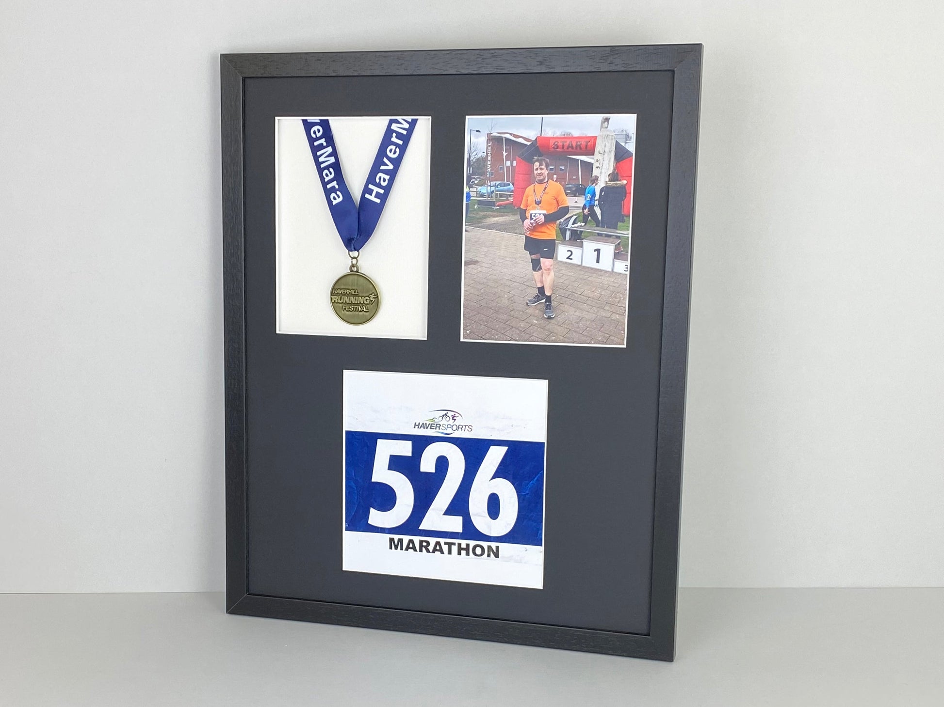 Medal display Frame with Apertures for Bib  &  Photo. 40x50cm. - PhotoFramesandMore - Wooden Picture Frames