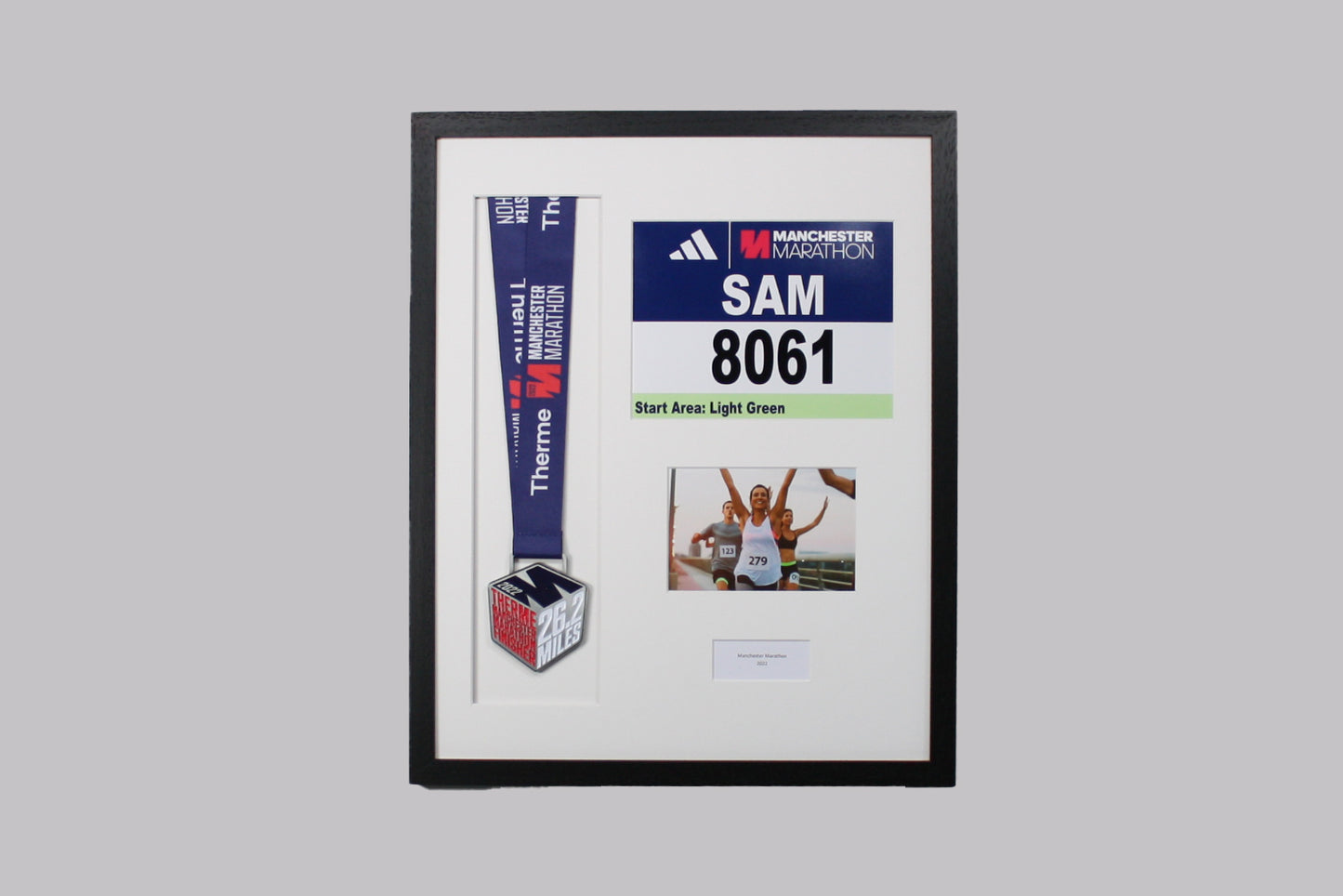 Personalised Medal display Frame with Apertures for Medal, Race Bib (21x16cm), 6x4" Landscape Photo and Text.