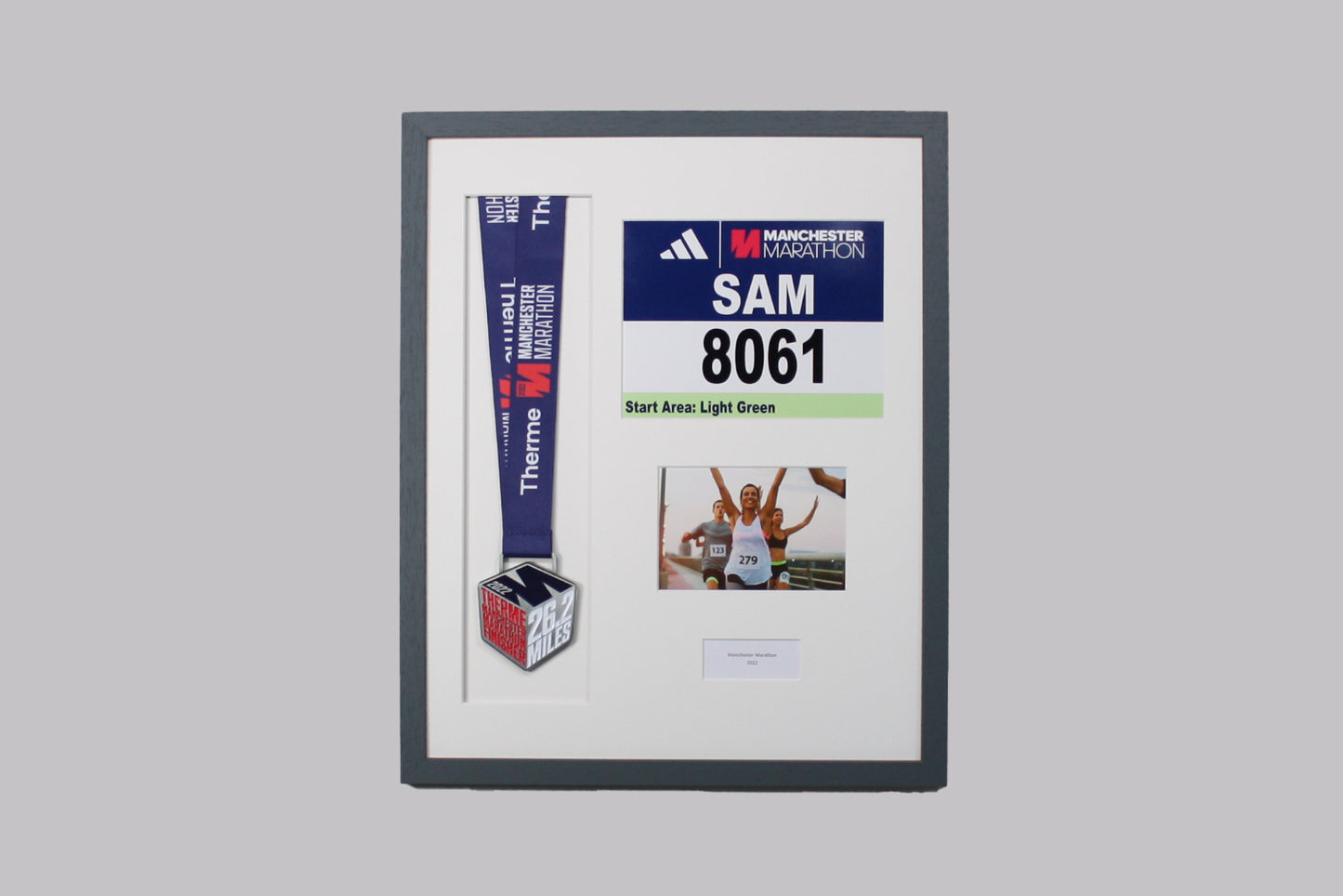 Personalised Medal display Frame with Apertures for Medal, Race Bib (21x16cm), 6x4" Landscape Photo and Text.