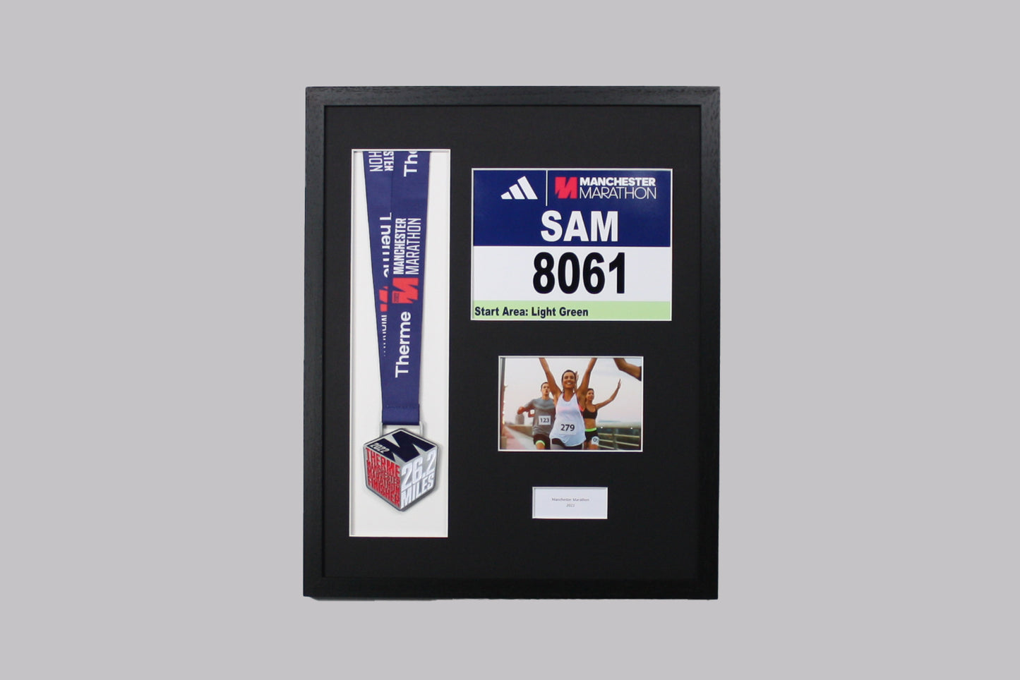 Personalised Medal display Frame with Apertures for Medal, Race Bib (21x16cm), 6x4" Landscape Photo and Text.