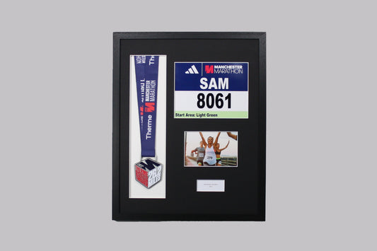 Personalised Medal display Frame with Apertures for Medal, Race Bib (21x16cm), 6x4" Landscape Photo and Text.