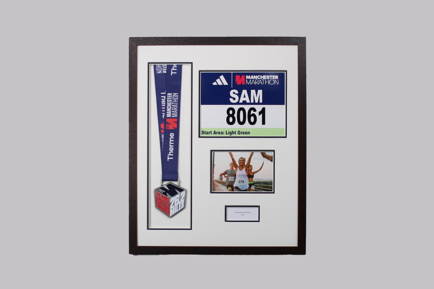 Personalised Medal display Frame with Apertures for Medal, Race Bib (21x16cm), 6x4" Landscape Photo and Text.