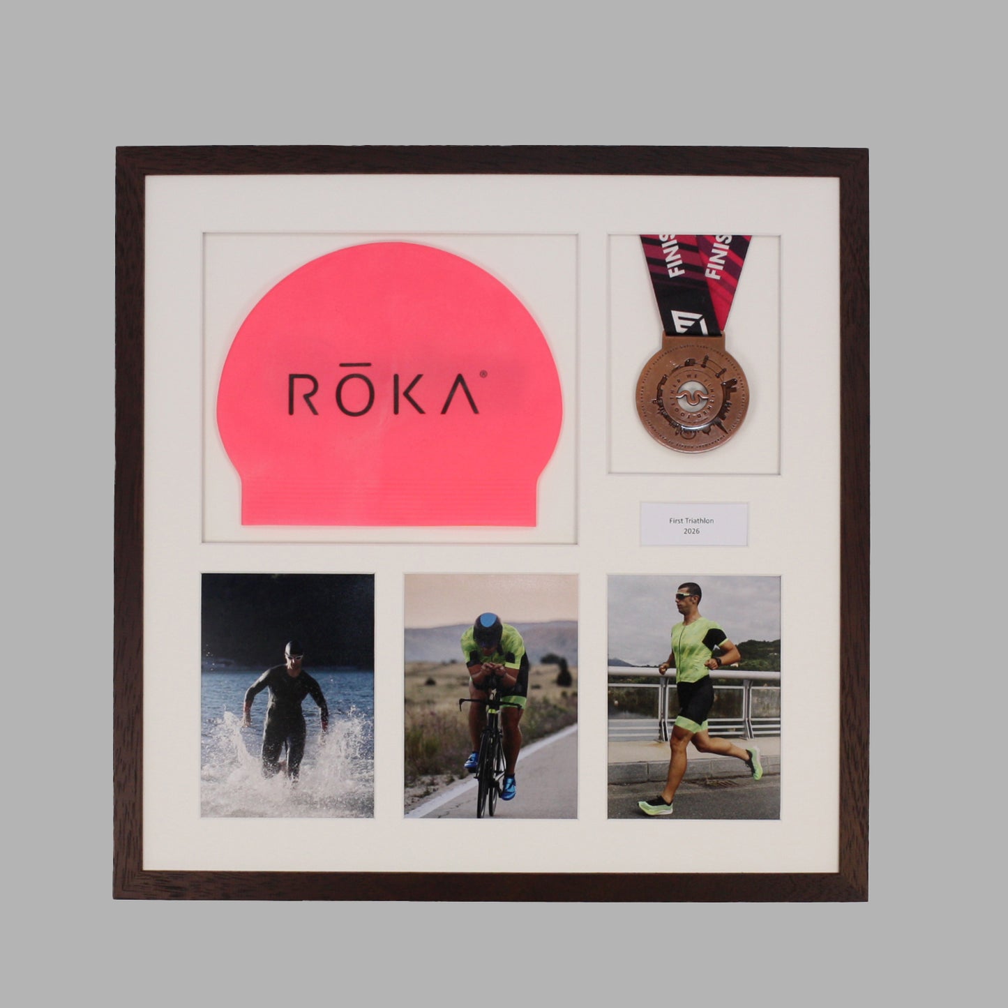 Personalised Triathlon Medal & Swim Cap Display Frame – Medal Holder with 3 Photos (5x7")