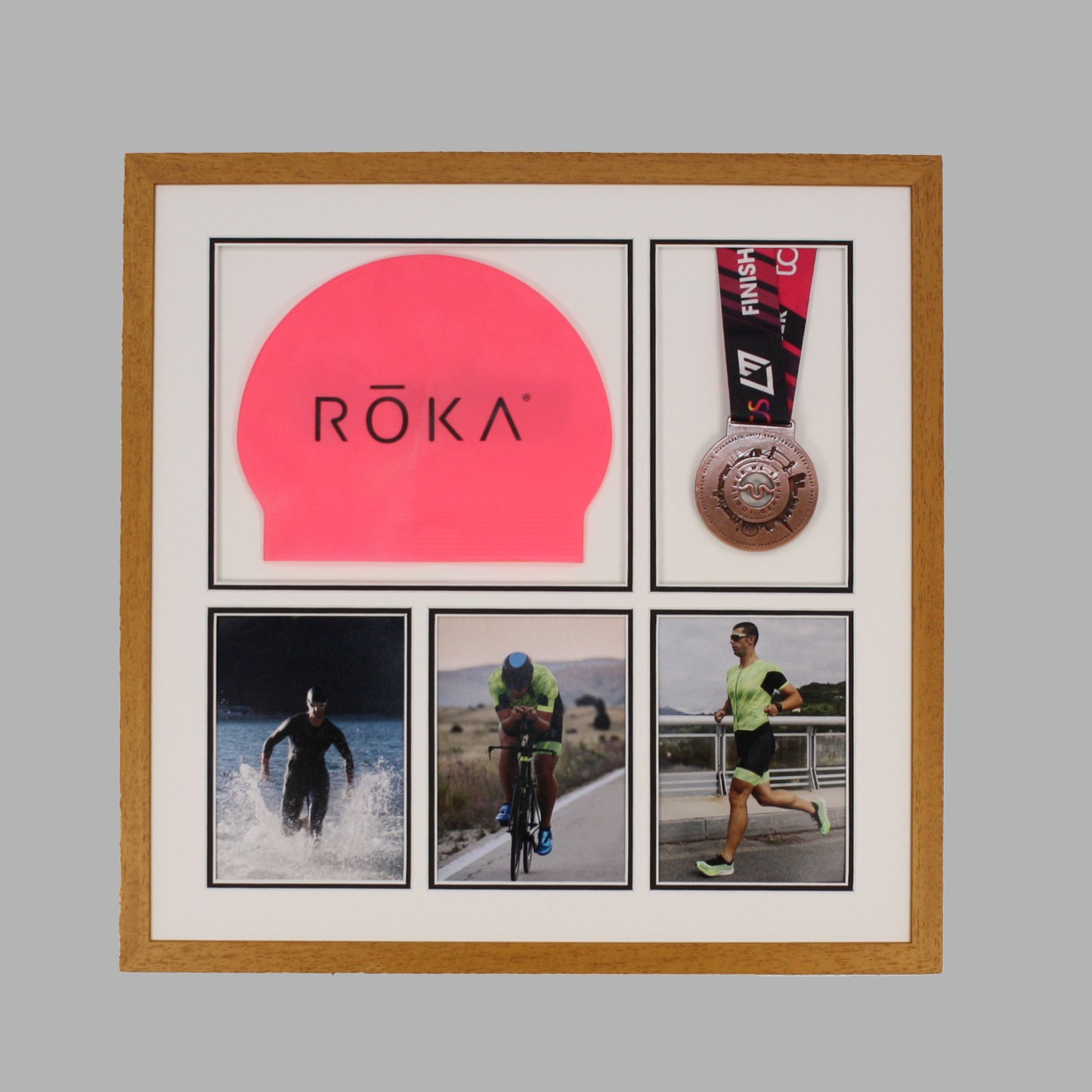 Triathlon Medal & Swim Cap Display Frame – Medal Holder with 3 Photos (5x7")