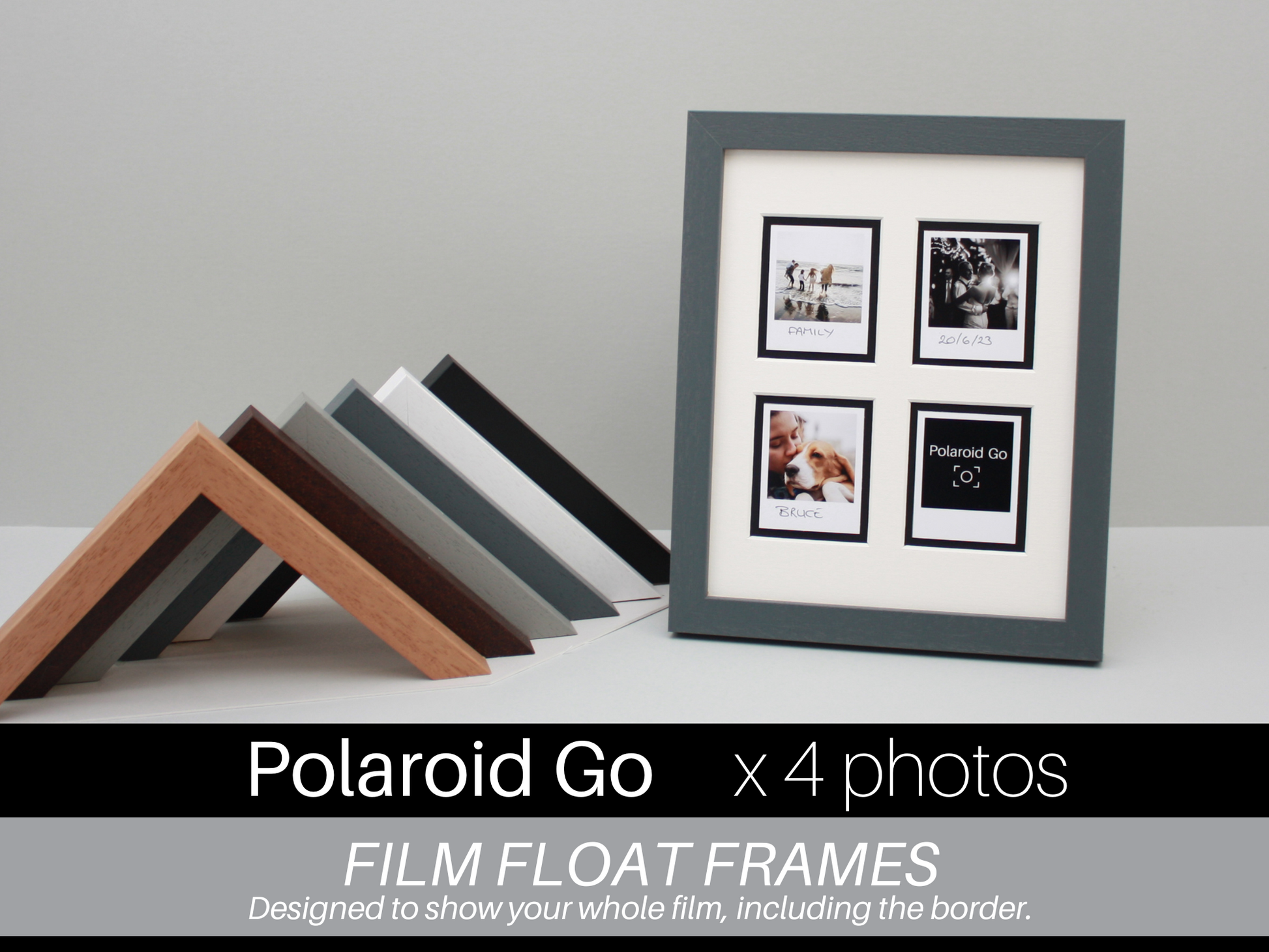 Polaroid GO Film Float Frame - Suits Four Polaroid Gos | Wooden Photo Frame showing the entire Photo, including border. - PhotoFramesandMore - Wooden Picture Frames