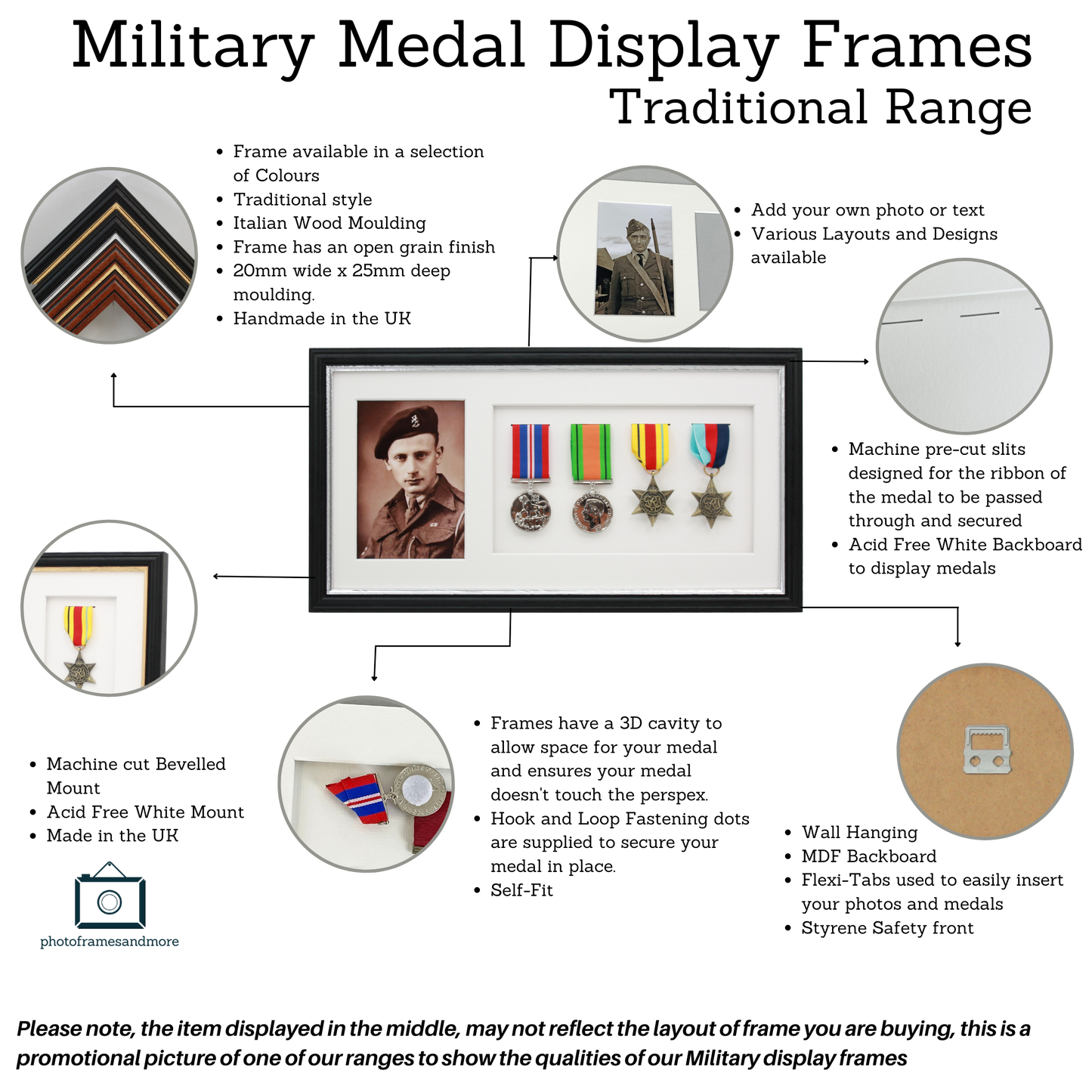 Military Medal display Frame for Two Medals and a 6x4" Photograph. Traditional Range. - PhotoFramesandMore - Wooden Picture Frames