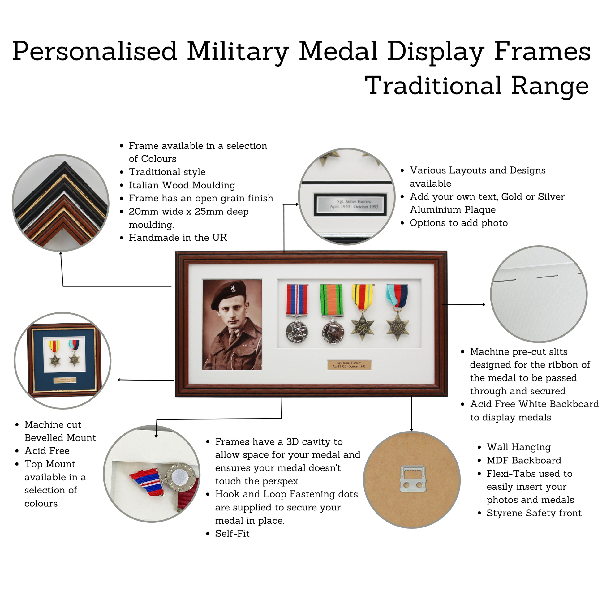 Personalised Military Medal display Frame for Six Medals and one 6x4" Photograph. Traditional Range - PhotoFramesandMore - Wooden Picture Frames