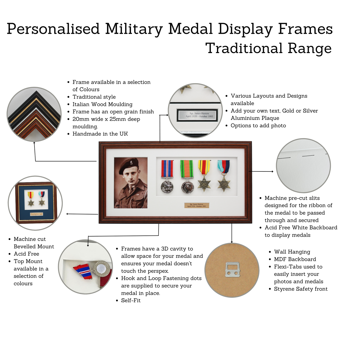 Personalised Military Medal display Frame for Eight Medals and one 6x4" Photo. Traditional Range.