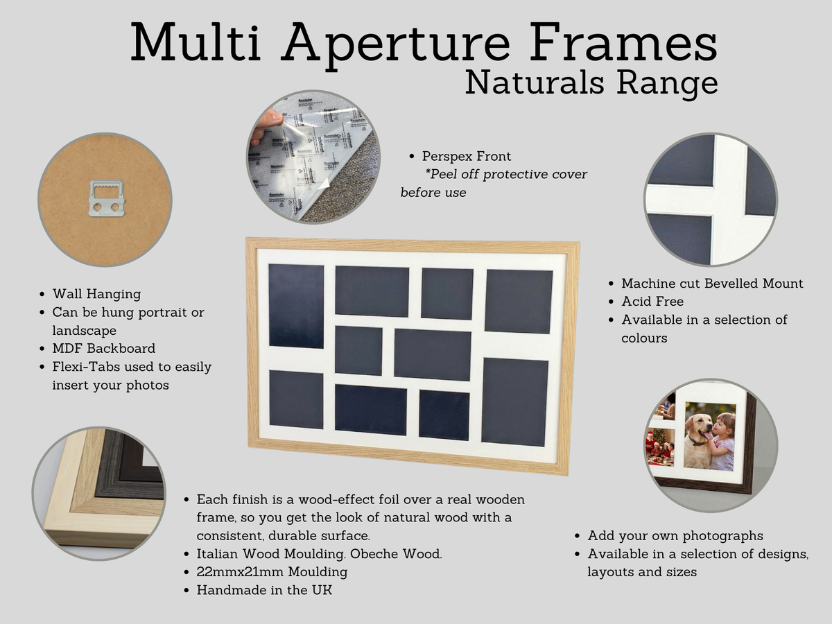 Suits 10 Images, 4x4", 6x4", 5x5", 5x7". Naturals Range.40x60cm. Wooden Multi Aperture Photo Frame.