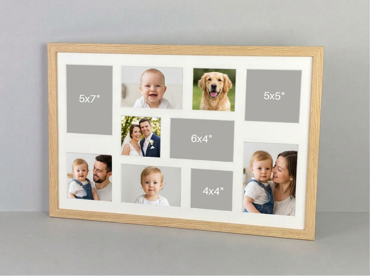 Suits 10 Images, 4x4", 6x4", 5x5", 5x7". Naturals Range.40x60cm. Wooden Multi Aperture Photo Frame.