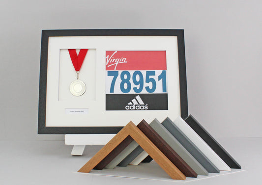 Personalised Medal display Frame with Apertures for Medal & Bib. A3 Size. - PhotoFramesandMore - Wooden Picture Frames