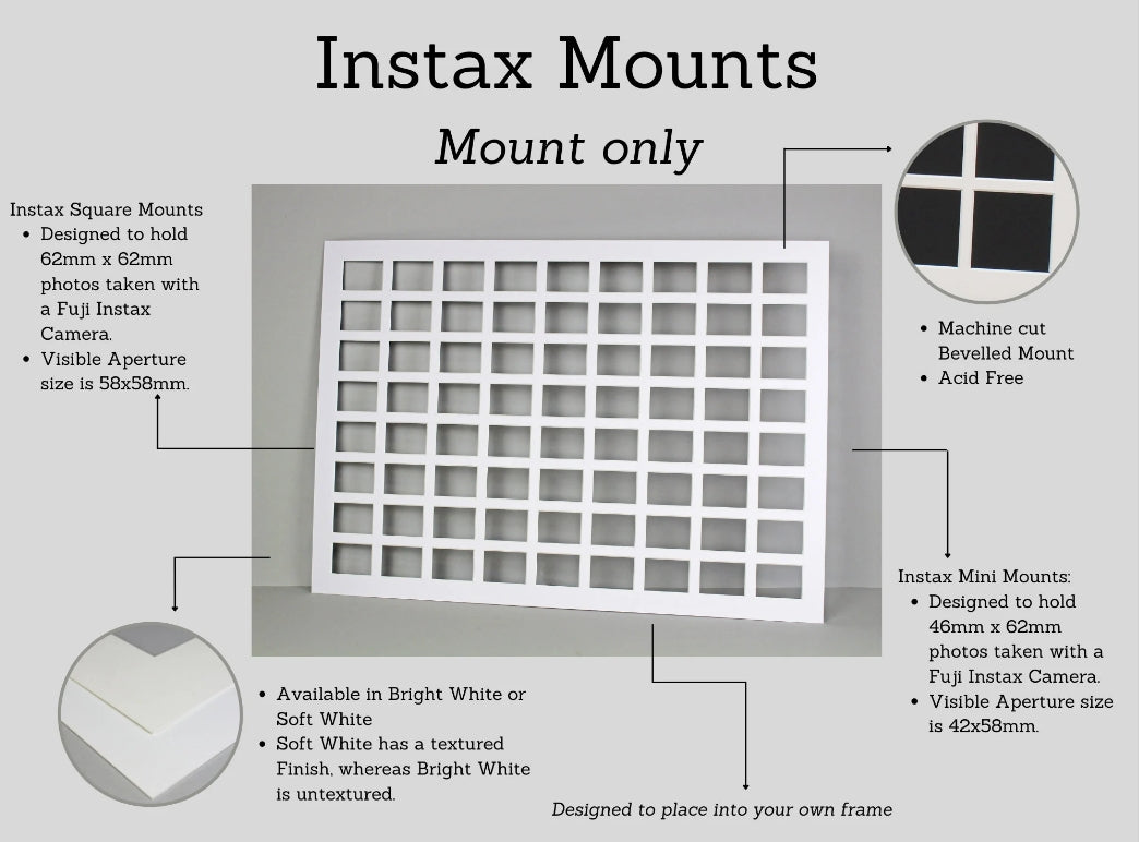 Instax Mini Mount / Matting. To Suit Seventy-Two 46x62mm sized Photos. Outer Mount size 50x70cm. Portrait or Landscape. - PhotoFramesandMore - Wooden Picture Frames