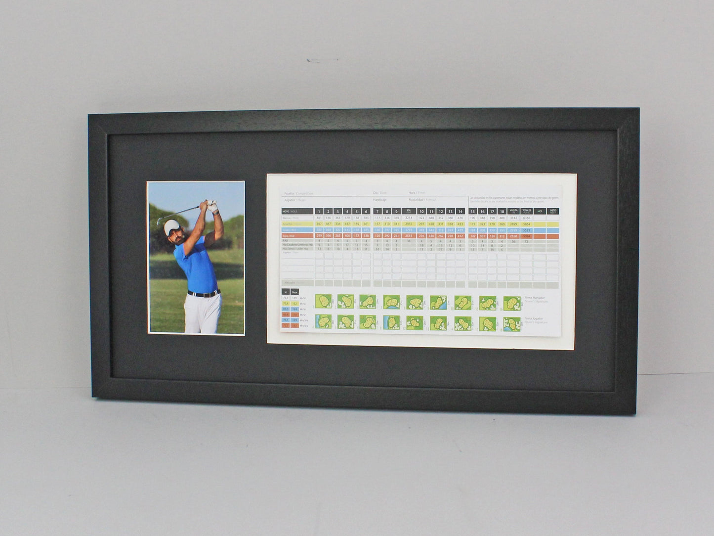 Golf Score Card Display Frame, With 6x4" Photo. 25x50cm Frame | Score Card sizes can vary - Check your size before purchase. - PhotoFramesandMore - Wooden Picture Frames